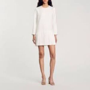 Sandro Pleated white satin crystal embellished neck and sleeves dress sz 42 /L